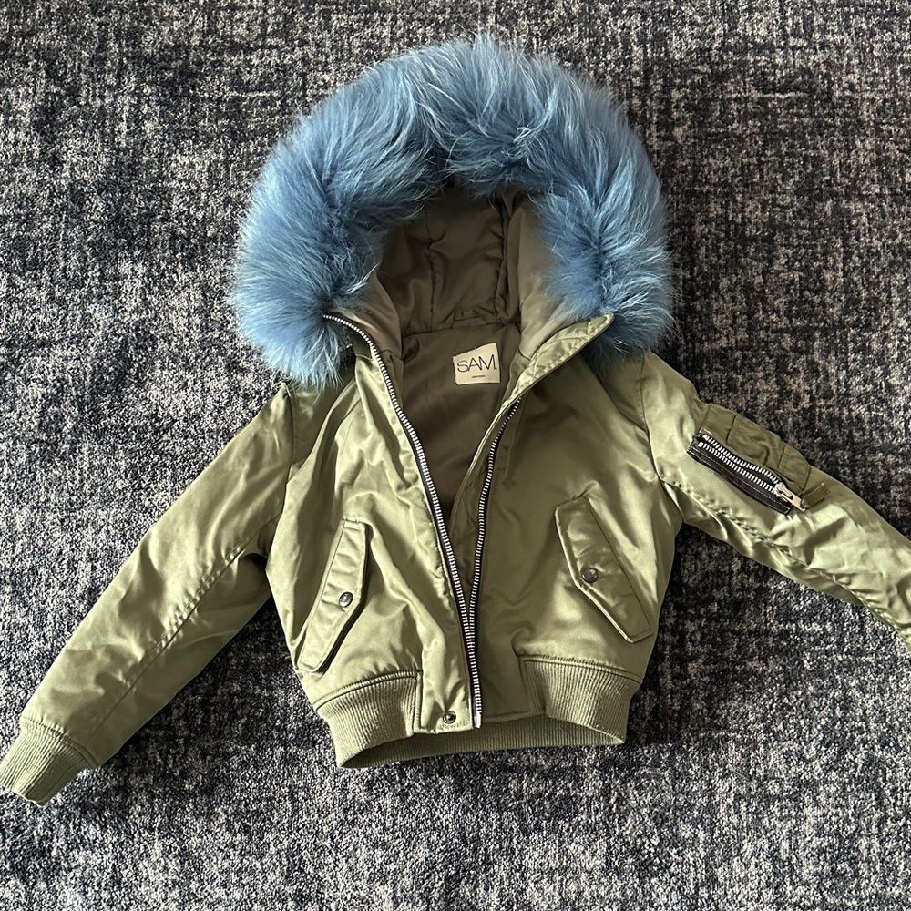 SAM. Kids Puffer Jennie Bomber Jacket with REAL Blue Fur Hood